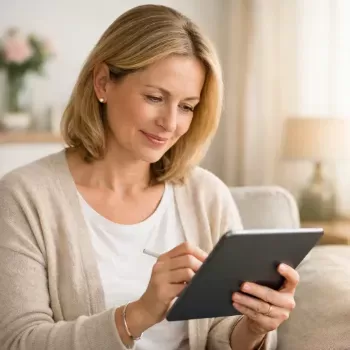 Vrouw vult thuis een donatieformulier in voor de NVSP op haar tablet