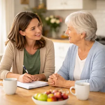 NVSP vrijwilliger luistert aandachtig naar een oudere Sjögrenpatiënt aan de keukentafel
